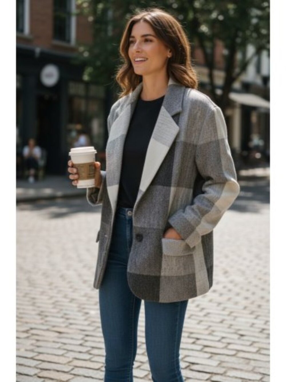 STYLEWORKS Lined Gray Plaid Wool Blazer Jacket Ladies Size 14